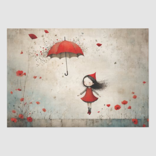 Rood met paraplu en papavers - Decoupage - Tissuepapier (Voorkant)