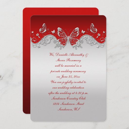 Rood met sierlijke zilveren vlinders Ontvangst all Kaart (Voorkant / Achterkant)