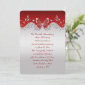 Rood met sierlijke zilveren vlinders Ontvangst all Kaart (Staand voorkant)