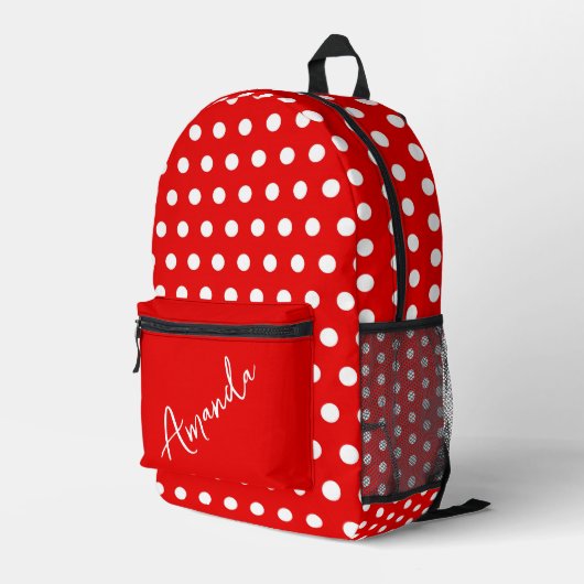 Rood met witte poka Dots gepersonaliseerd Bedrukte Rugzak (Achterkant Hoek Rechts)