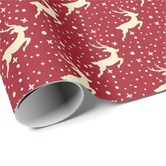 Rood met witte rendiertjes en sterren Kerstmis Cadeaupapier (Rol Hoek)