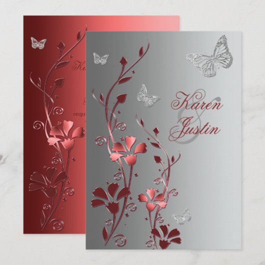 Rood met zilveren vlinders bruiloft uitnodiging (Voorkant / Achterkant)