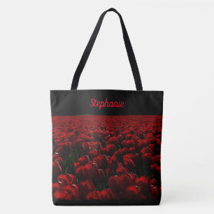 rood met zwarte en diepgewortelde schotels, bloeme tote bag