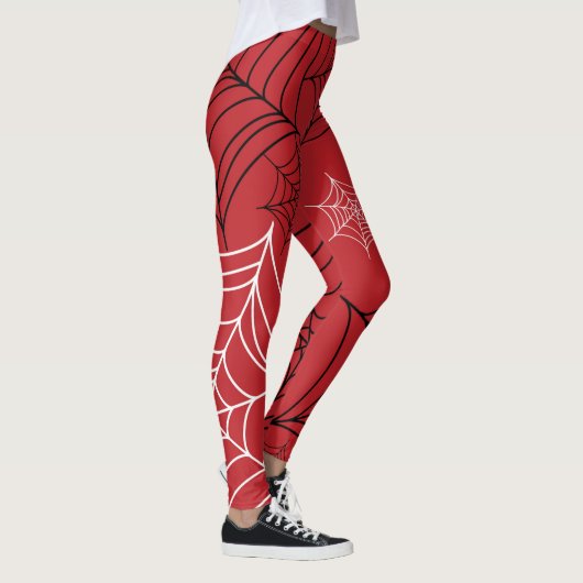 Rood met zwarte en witte spiderwebben Halloween Leggings (Rechts)