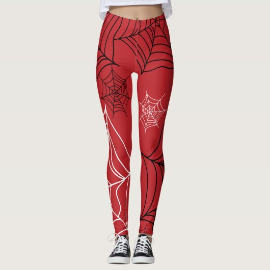 Rood met zwarte en witte spiderwebben Halloween Leggings (Voorkant)