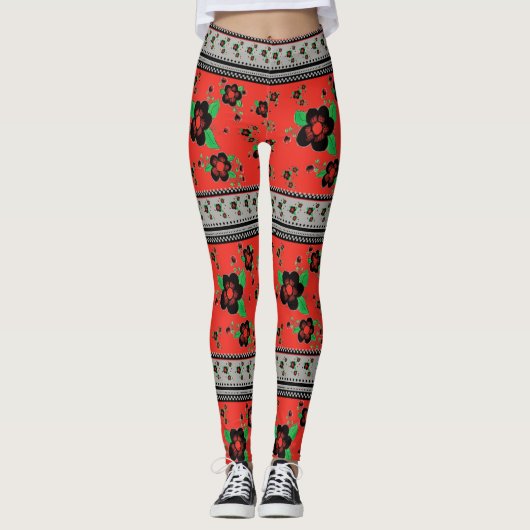 Rood met zwarte, stijlvolle bloem leggings (Voorkant)
