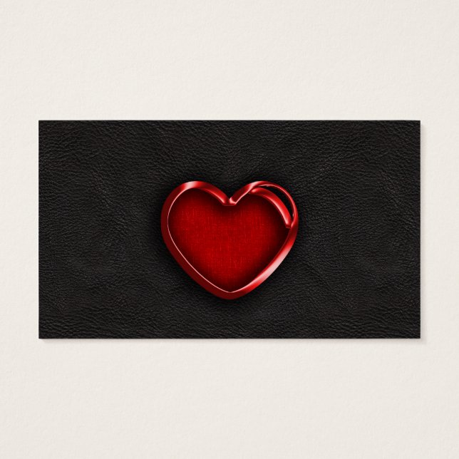 Rood Metallic Hart op zwart leer Visitekaartjes (Achterkant)