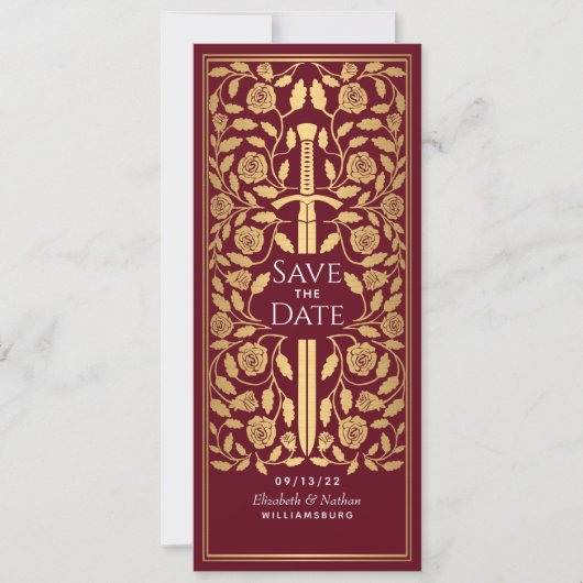 Rood middeleeuws zwaard Save the Date Uitnodiging (Voorkant)