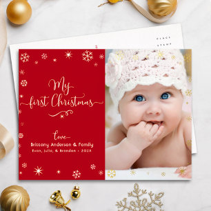Rood Mijn Eerste Kerstdag Baby Foto Sneeuwvlokken Folie Feestdagen Briefkaart