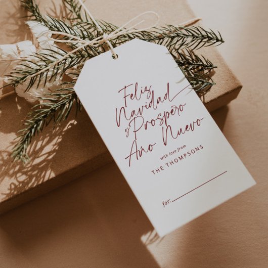 Rood minimalistisch modern script Feliz Navidad Cadeaulabel