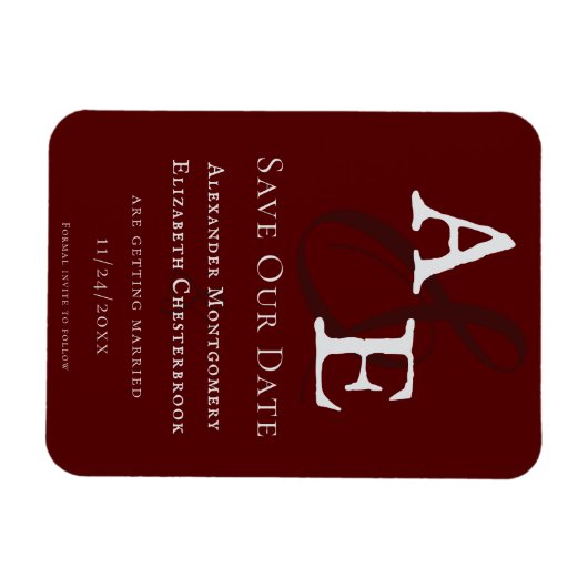 Rood minimalistisch monogram Bewaar de datum Magneet (Horizontaal)