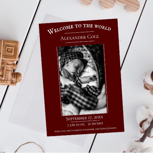 Rood minimalistische foto geboorteaankondiging aankondiging