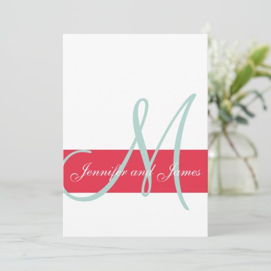 Rood, Mint Green Monogram Names Simple Wedding Kaart (Staand voorkant)