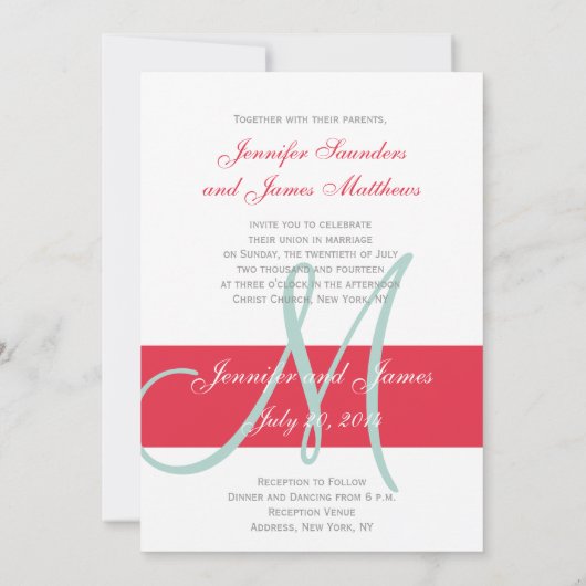 Rood, Mint Green Monogram Names Simple Wedding Kaart (Achterkant)