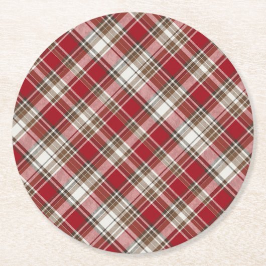 Rood, Mocha & Cream Plaid Ronde Kartonnen Onderzetter (Voorkant)