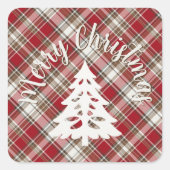 Rood, Mocha & Crème Plaid - Vrolijk Kerstfeest + B Vierkante Sticker (Voorkant)