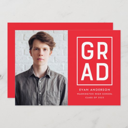 Rood | Modern Afstudeerder Block Photo Afstuderen Aankondiging (Voorkant / Achterkant)