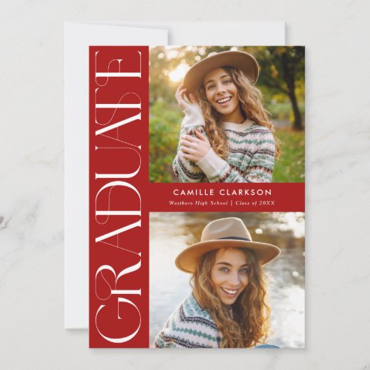 Rood Modern Elegant Drie Foto Afstuderen Kaart (Voorkant)