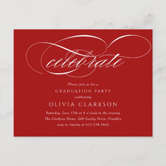 Rood Modern Elegant Script Graduation Party Informatiekaartje (Voorkant)