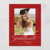 Rood Modern Elegant Script Photo Graduation Party Briefkaart (Voorkant)