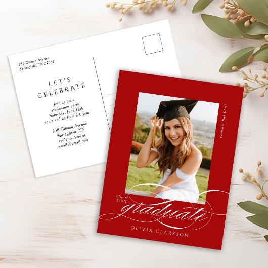 Rood Modern Elegant Script Photo Graduation Party Briefkaart