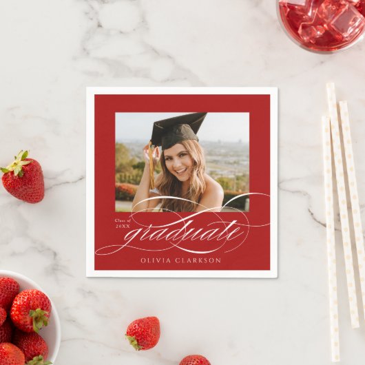 Rood Modern Elegant Script Photo Graduation Party Servet (Insitu)
