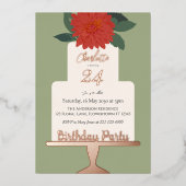 Rood Modern Floral Cake Verjaardagsfeestje Goud Folie Uitnodiging (Voorkant)