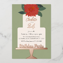 Rood Modern Floral Cake Verjaardagsfeestje Goud Folie Uitnodiging