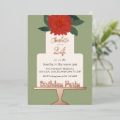 Rood Modern Floral Cake Verjaardagsfeestje Goud Folie Uitnodiging (Staand Voorkant)