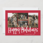 Rood Modern Lettering Vier Foto Gelukkig Feestdagenkaart (Voorkant)