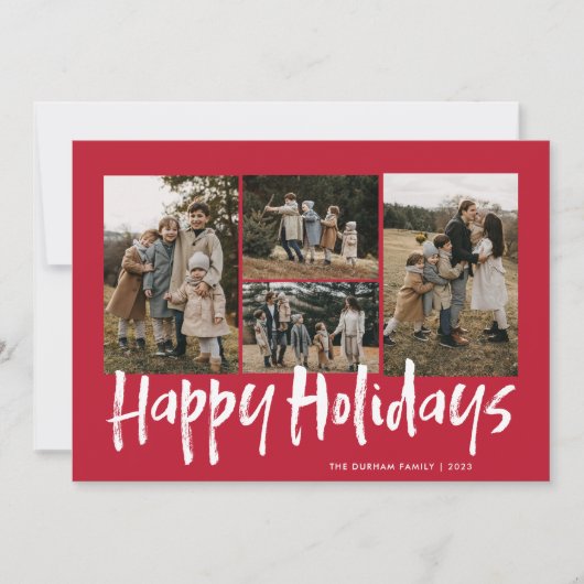 Rood Modern Lettering Vier Foto Gelukkig Feestdagenkaart (Voorkant)