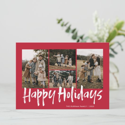 Rood Modern Lettering Vier Foto Gelukkig Feestdagenkaart (Staand voorkant)
