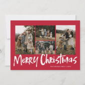 Rood Modern Lettering Vier foto Vrolijk Kerstfeest Feestdagenkaart (Voorkant)