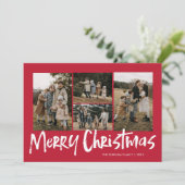 Rood Modern Lettering Vier foto Vrolijk Kerstfeest Feestdagenkaart (Staand voorkant)