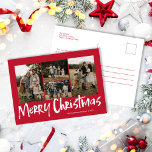 Rood Modern Lettering Vijf foto Vrolijk Kerstfeest Feestdagenkaart<br><div class="desc">Red Modern Lettering Five Photo Merry Christmas Holiday briefkaart beschikt over vier foto's op de voorkant,  en ruimte voor uw langere bericht op de achterkant.</div>