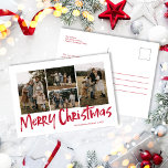 Rood Modern Lettering Vijf foto Vrolijk Kerstfeest Feestdagenkaart<br><div class="desc">Red Modern Lettering Five Photo Merry Christmas Holiday briefkaart beschikt over vier foto's op de voorkant,  en ruimte voor uw langere bericht op de achterkant.</div>