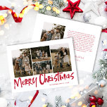 Rood Modern Lettering Vijf foto Vrolijk Kerstfeest Feestdagenkaart<br><div class="desc">Red Modern Lettering Five Photo Merry Christmas Holiday Kaart beschikt over vier foto's op de voorkant,  en een andere foto op de achterkant met ruimte voor uw langere bericht.</div>