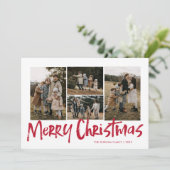 Rood Modern Lettering Vijf foto Vrolijk Kerstfeest Feestdagenkaart (Staand voorkant)