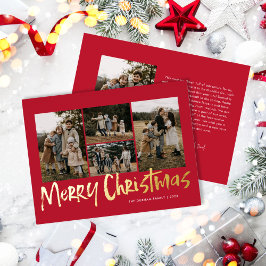 Rood Modern Lettering Vijf foto Vrolijk Kerstfeest Folie Feestdagenkaart