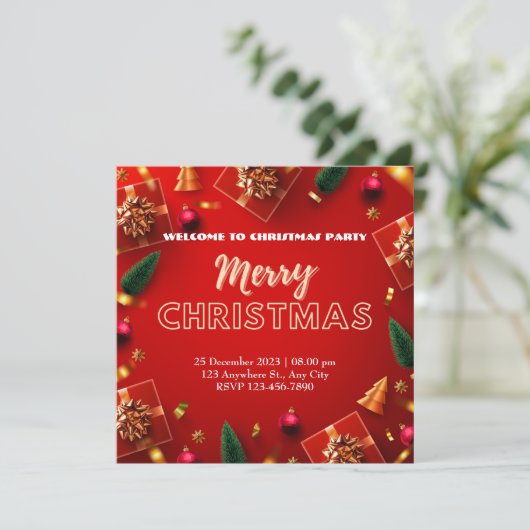 Rood Modern Merry Christmas Party Uitnodiging (Staand voorkant)