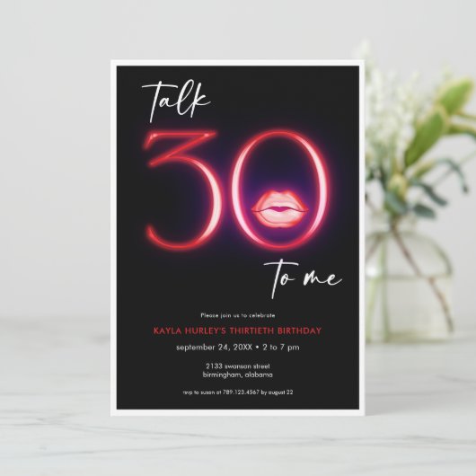 Rood Modern Minimal Neon Lips Talk Dertig Verjaard Kaart (Staand voorkant)