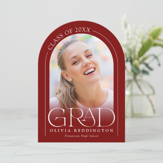 Rood Modern Minimal Photo Arch Afstudeerfeest Kaart (Staand voorkant)