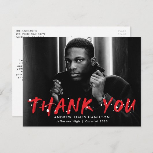 Rood | Modern Paint Splatter Foto bedankt Briefkaart (Voorkant / Achterkant)