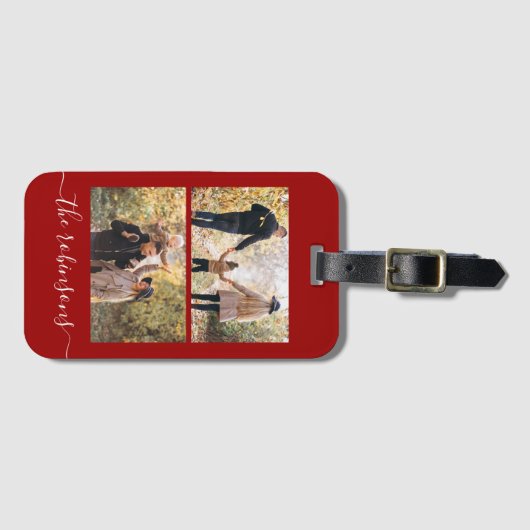 Rood modern script 2 Fotocollage Bagagelabel (Voorkant (horizontaal))
