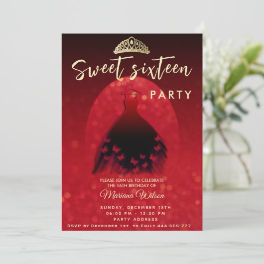 Rood Moderne spotlight bokeh vlinder jurk tiara Kaart (Staand voorkant)