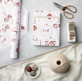 Rood Monogram Bauble Ornamenten Patroon Kerst Cadeaupapier