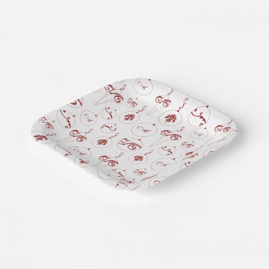 Rood Monogram Bauble Ornamenten Patroon Kerst Papieren Bordje (Gebogen)