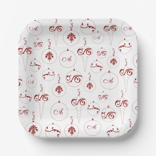 Rood Monogram Bauble Ornamenten Patroon Kerst Papieren Bordje (Voorkant)