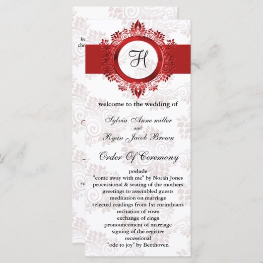 rood monogram bruiloft programma programmakaart (Voorkant / Achterkant)