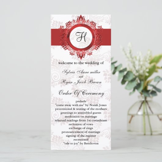 rood monogram bruiloft programma programmakaart (Staand voorkant)